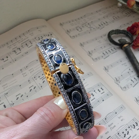 Gold-Tone Blue Sapphire Halo Bangle Bracelet - Picture 2 of 12